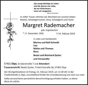 Traueranzeige von Margret Rademacher von Siegener Zeitung