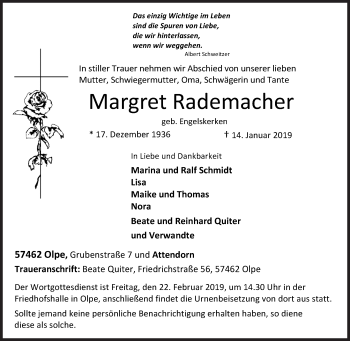 Traueranzeige von Margret Rademacher von Siegener Zeitung