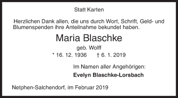 Traueranzeige von Maria Blaschke von Siegener Zeitung