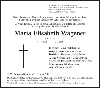 Traueranzeige von Maria Elisabeth Wagener von Siegener Zeitung