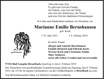 Traueranzeige von Marianne Emilie Bernshausen von Siegener Zeitung
