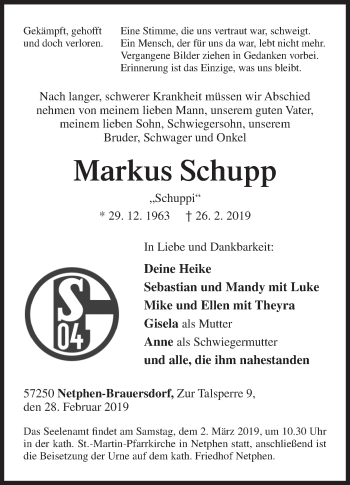 Traueranzeige von Markus Schupp von Siegener Zeitung