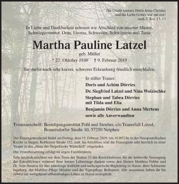 Traueranzeige von Martha Pauline Latzel von Siegener Zeitung