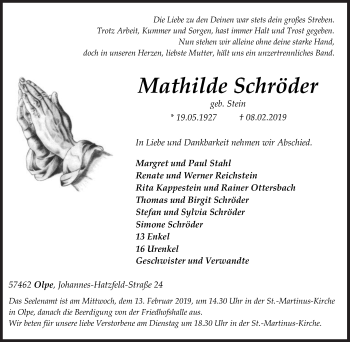 Traueranzeige von Mathilde Schröder von Siegener Zeitung