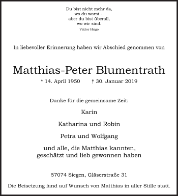 Traueranzeige von Matthias-Peter Blumentrath von Siegener Zeitung