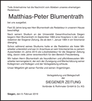 Traueranzeige von Matthias-Peter Blumentrath von Siegener Zeitung