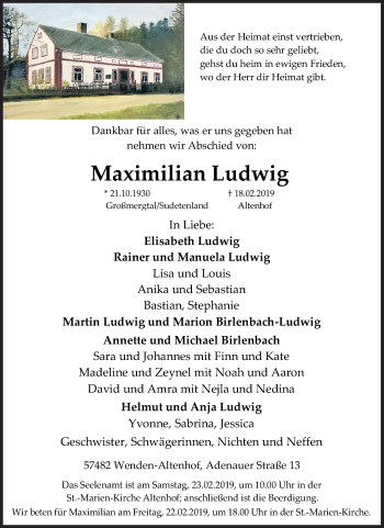 Traueranzeige von Maximilian Ludwig von Siegener Zeitung