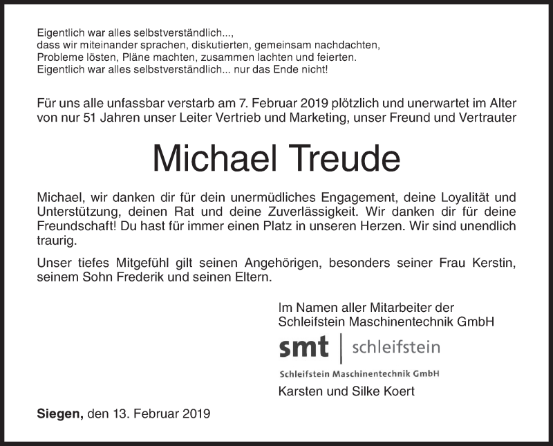  Traueranzeige für Michael Treude vom 13.02.2019 aus Siegener Zeitung