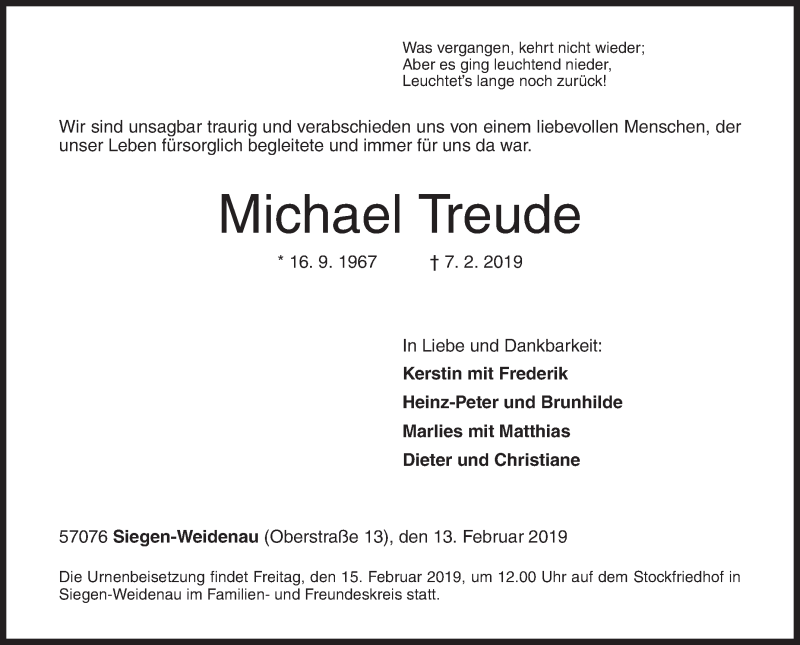  Traueranzeige für Michael Treude vom 13.02.2019 aus Siegener Zeitung