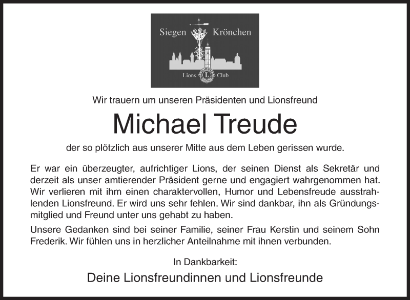  Traueranzeige für Michael Treude vom 13.02.2019 aus Siegener Zeitung