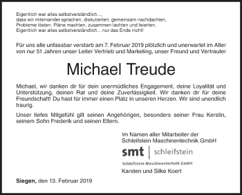 Traueranzeige von Michael Treude von Siegener Zeitung