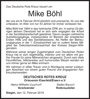 Traueranzeige von Mike Böhl von Siegener Zeitung