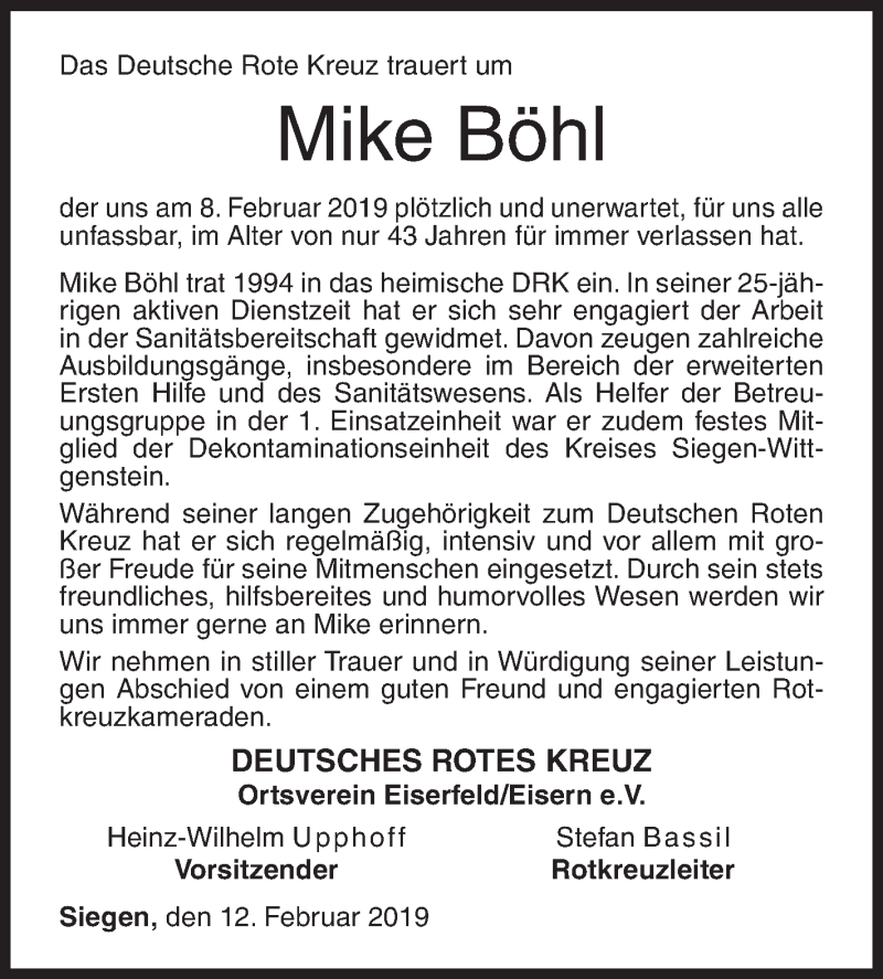  Traueranzeige für Mike Böhl vom 12.02.2019 aus Siegener Zeitung