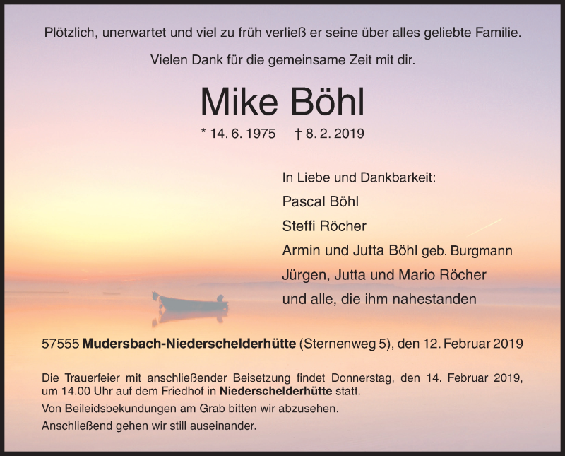  Traueranzeige für Mike Böhl vom 12.02.2019 aus Siegener Zeitung