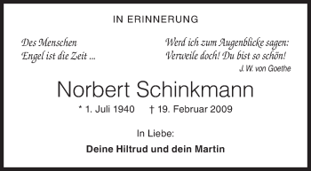 Traueranzeige von Norbert Schinkmann von Siegener Zeitung