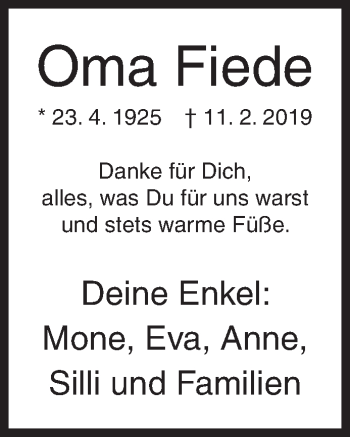 Traueranzeige von Oma Fiede  von Siegener Zeitung