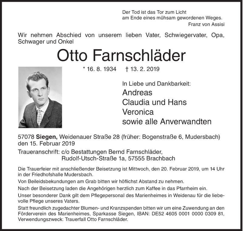  Traueranzeige für Otto Farnschläder vom 15.02.2019 aus Siegener Zeitung