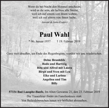 Traueranzeige von Paul Wahl von Siegener Zeitung