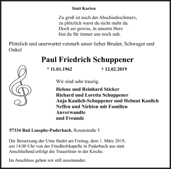 Traueranzeige von Paul Friedrich Schuppener von Siegener Zeitung