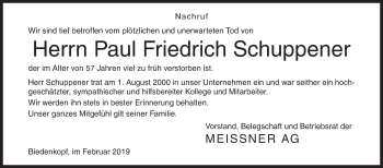 Traueranzeige von Paul Friedrich Schuppener von Siegener Zeitung