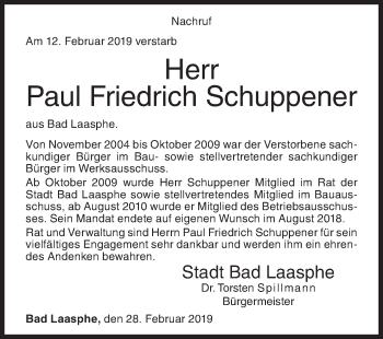 Traueranzeige von Paul Friedrich Schuppener von Siegener Zeitung