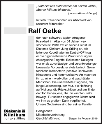 Traueranzeige von Ralf Oetke von Siegener Zeitung