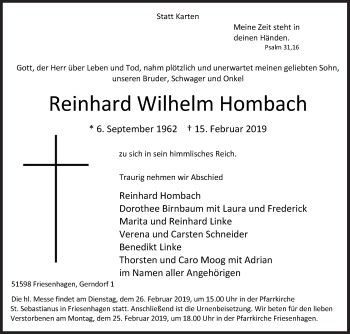 Traueranzeige von Reinhard Wilhelm Hombach von Siegener Zeitung