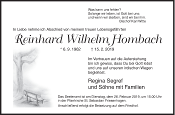 Traueranzeige von Reinhard Wilhelm Hombach von Siegener Zeitung