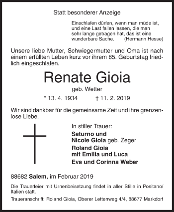 Traueranzeige von Renate Gioia von Siegener Zeitung