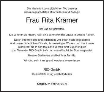 Traueranzeige von Rita Krämer von Siegener Zeitung