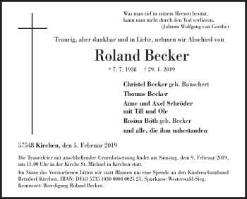 Traueranzeige von Roland Becker von Siegener Zeitung