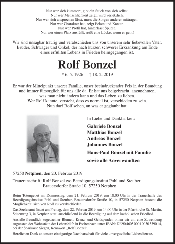 Traueranzeige von Rolf Bonzel von Siegener Zeitung
