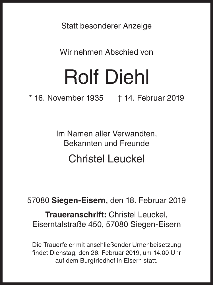  Traueranzeige für Rolf Diehl vom 18.02.2019 aus Siegener Zeitung