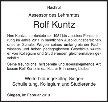 Traueranzeige von Rolf Kuntz von Siegener Zeitung