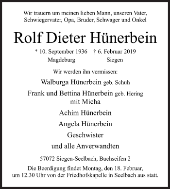Traueranzeige von Rolf Dieter Hünerbein von Siegener Zeitung