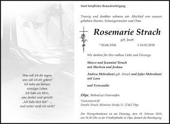 Traueranzeige von Rosemarie Strach von Siegener Zeitung