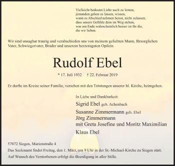 Traueranzeige von Rudolf Ebel von Siegener Zeitung