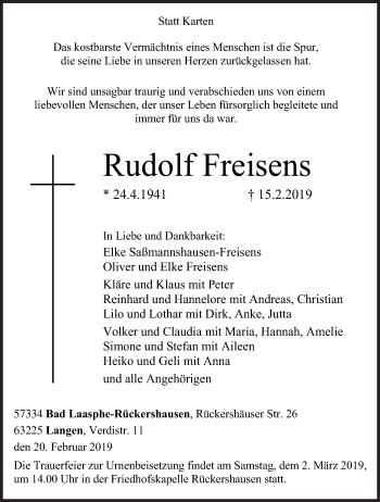 Traueranzeige von Rudolf Freisens von Siegener Zeitung