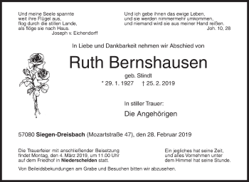 Traueranzeige von Ruth Bernshausen von Siegener Zeitung