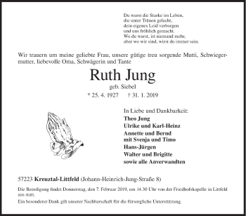 Traueranzeige von Ruth Jung von Siegener Zeitung