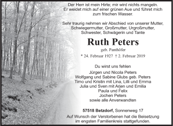 Traueranzeige von Ruth Peters von Siegener Zeitung