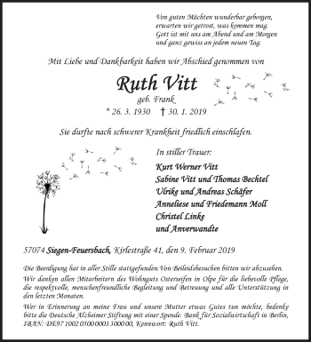 Traueranzeige von Ruth Vitt von Siegener Zeitung