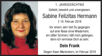 Traueranzeige von Sabine Felizitas Hermann von Siegener Zeitung