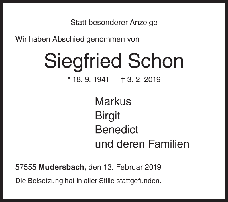  Traueranzeige für Siegfried Schon vom 13.02.2019 aus Siegener Zeitung