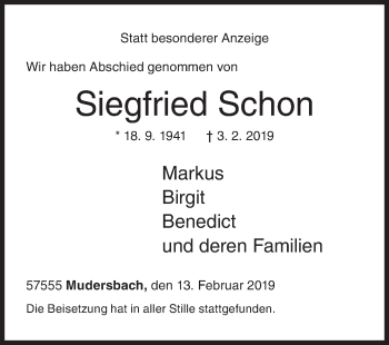 Traueranzeige von Siegfried Schon von Siegener Zeitung