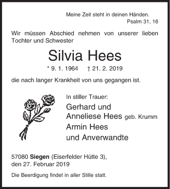 Traueranzeige von Silvia Hees von Siegener Zeitung