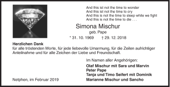 Traueranzeige von Simona Mischur von Siegener Zeitung