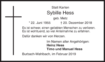 Traueranzeige von Sybille Hess von Siegener Zeitung