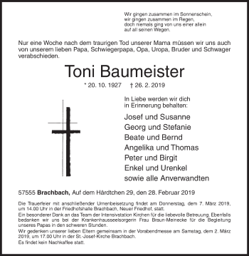 Traueranzeige von Toni Baumeister von Siegener Zeitung