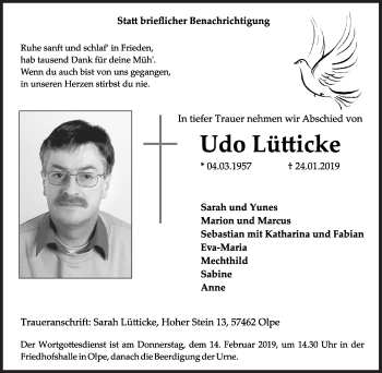Traueranzeige von Udo Lütticke von Siegener Zeitung